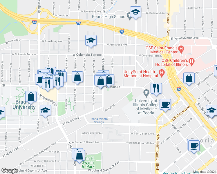 map of restaurants, bars, coffee shops, grocery stores, and more near 610 West Main Street in Peoria