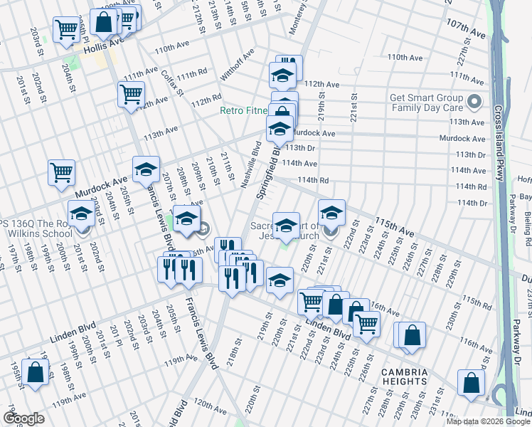 map of restaurants, bars, coffee shops, grocery stores, and more near 216-09 115th Rd in Queens