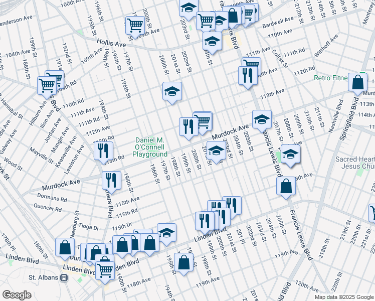 map of restaurants, bars, coffee shops, grocery stores, and more near 199-10 Murdock Avenue in Queens