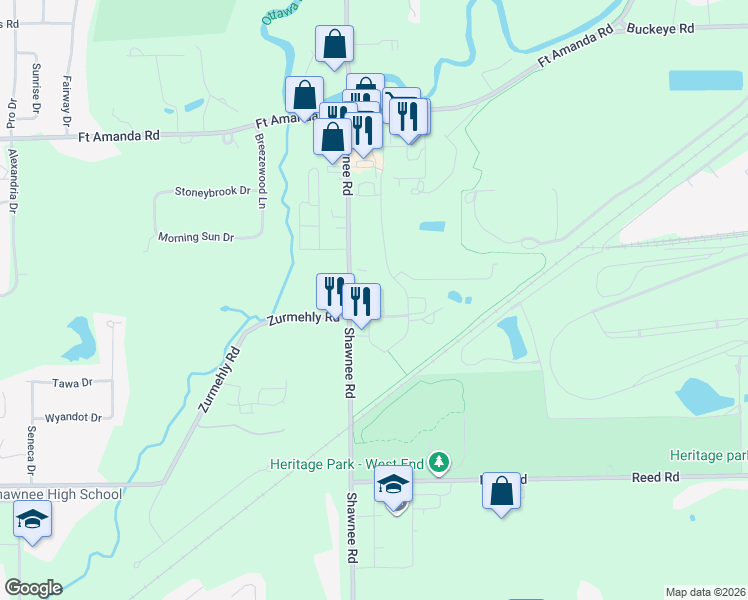 map of restaurants, bars, coffee shops, grocery stores, and more near 2793 Shawnee Road in Lima