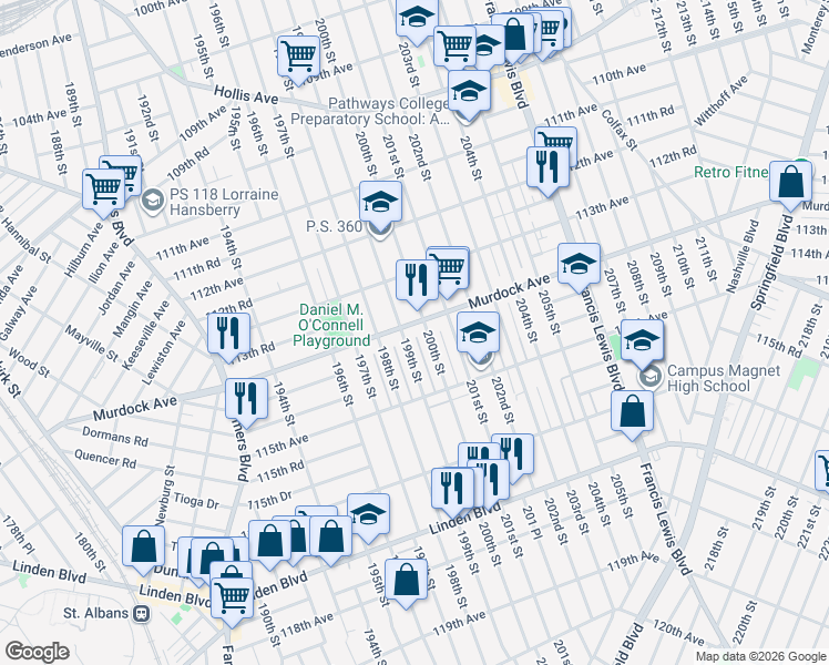 map of restaurants, bars, coffee shops, grocery stores, and more near 199-10 Murdock Avenue in Queens