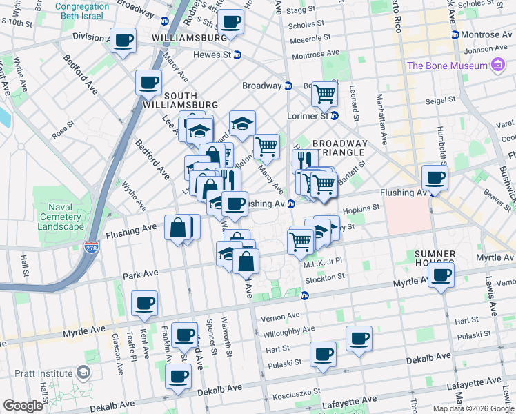 map of restaurants, bars, coffee shops, grocery stores, and more near 579 Flushing Avenue in Brooklyn