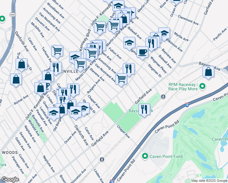 map of restaurants, bars, coffee shops, grocery stores, and more near 369 Ocean Avenue in Jersey City