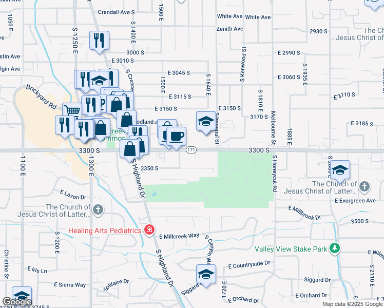 map of restaurants, bars, coffee shops, grocery stores, and more near 1594 3300 South in Salt Lake City
