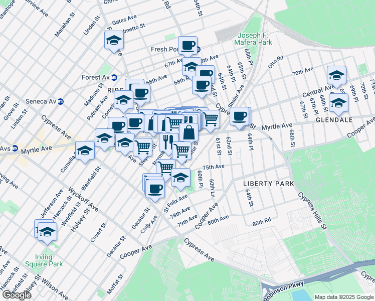map of restaurants, bars, coffee shops, grocery stores, and more near 59-14 Summerfield Street in Queens