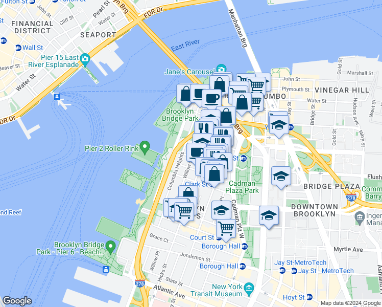 map of restaurants, bars, coffee shops, grocery stores, and more near 54 Willow Street in Brooklyn
