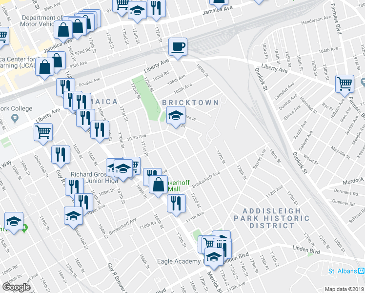 map of restaurants, bars, coffee shops, grocery stores, and more near 108-21 174th Street in Queens