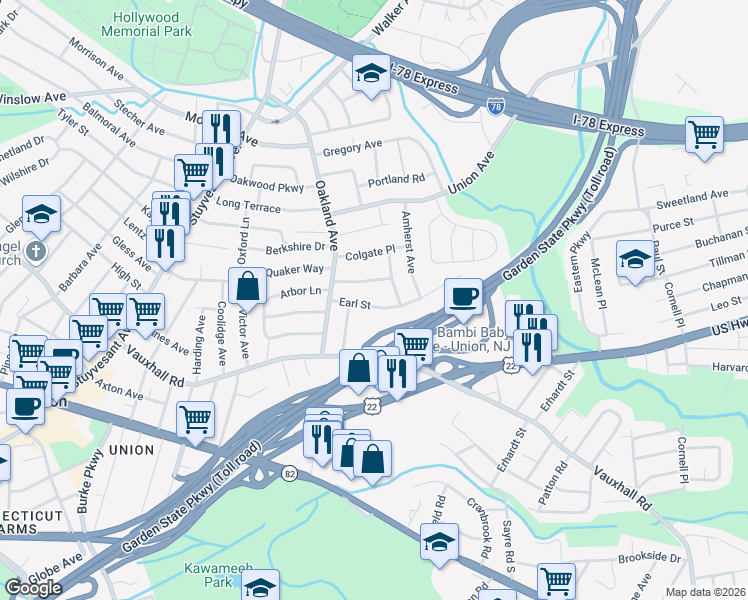map of restaurants, bars, coffee shops, grocery stores, and more near 1745 Earl Street in Union