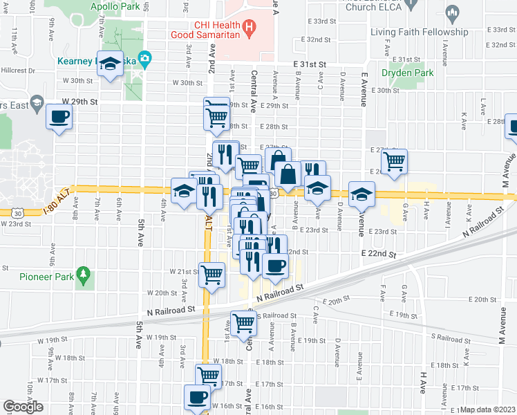 map of restaurants, bars, coffee shops, grocery stores, and more near 2401 Central Avenue in Kearney