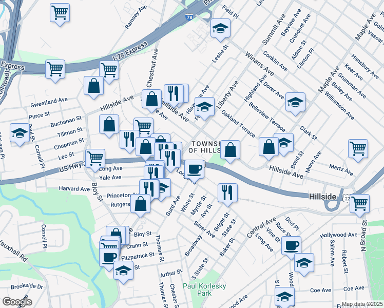 map of restaurants, bars, coffee shops, grocery stores, and more near 286 Shelton Terrace in Hillside
