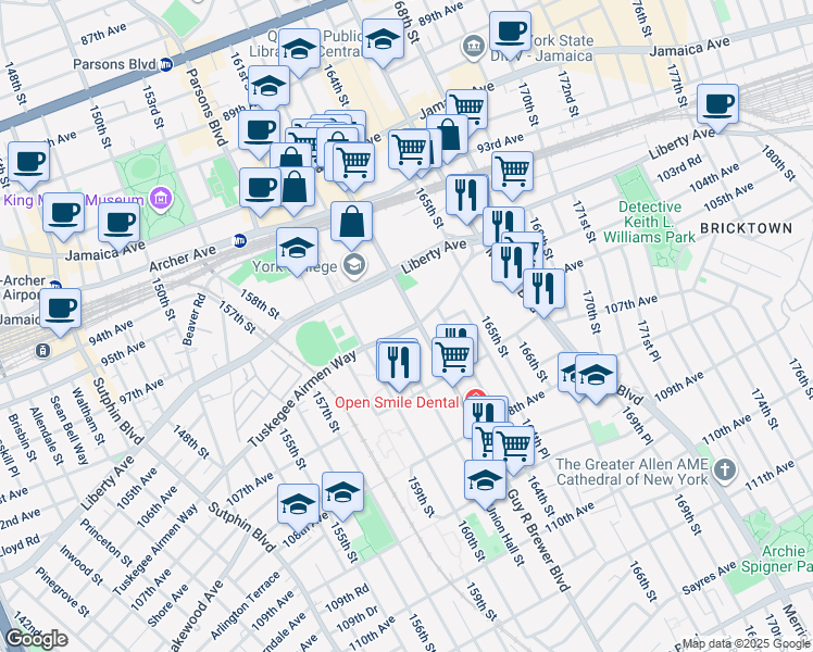 map of restaurants, bars, coffee shops, grocery stores, and more near 162-08 Tuskegee Airmen Way in Queens