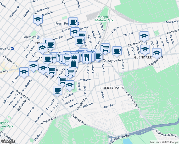 map of restaurants, bars, coffee shops, grocery stores, and more near 72-44 61st Street in Queens