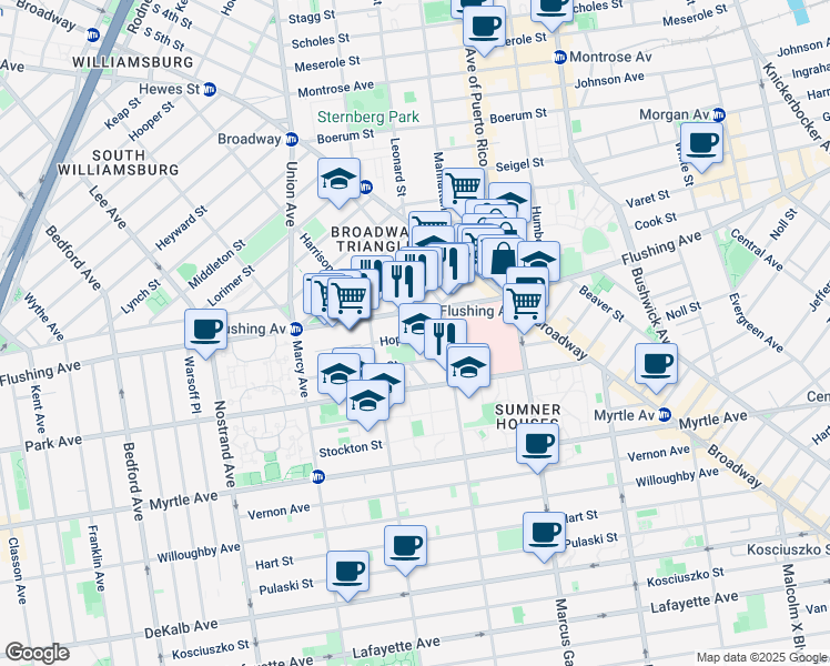 map of restaurants, bars, coffee shops, grocery stores, and more near 171 Hopkins Street in Brooklyn
