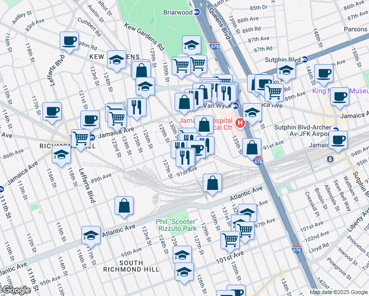 map of restaurants, bars, coffee shops, grocery stores, and more near 89-5 130th Street in Queens