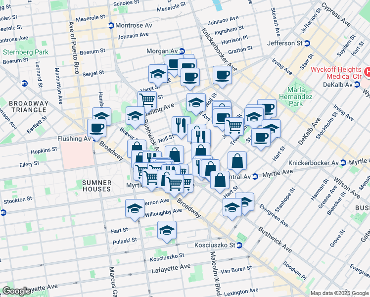 map of restaurants, bars, coffee shops, grocery stores, and more near 107 Melrose Street in Brooklyn