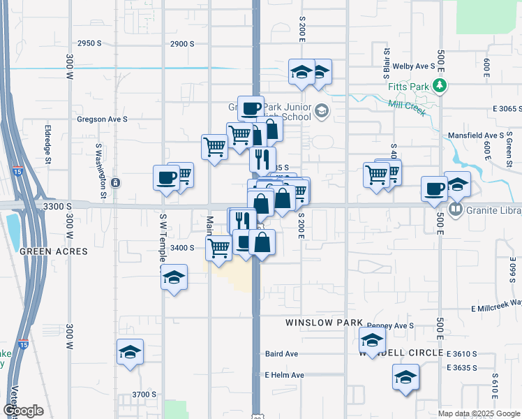 map of restaurants, bars, coffee shops, grocery stores, and more near 102 East 3300 South in South Salt Lake