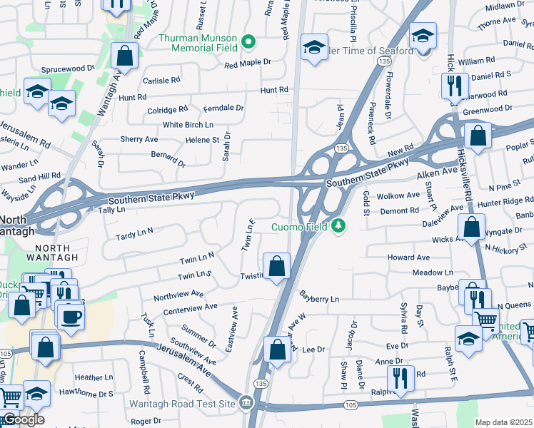 map of restaurants, bars, coffee shops, grocery stores, and more near 228 Twin Lane East in Wantagh