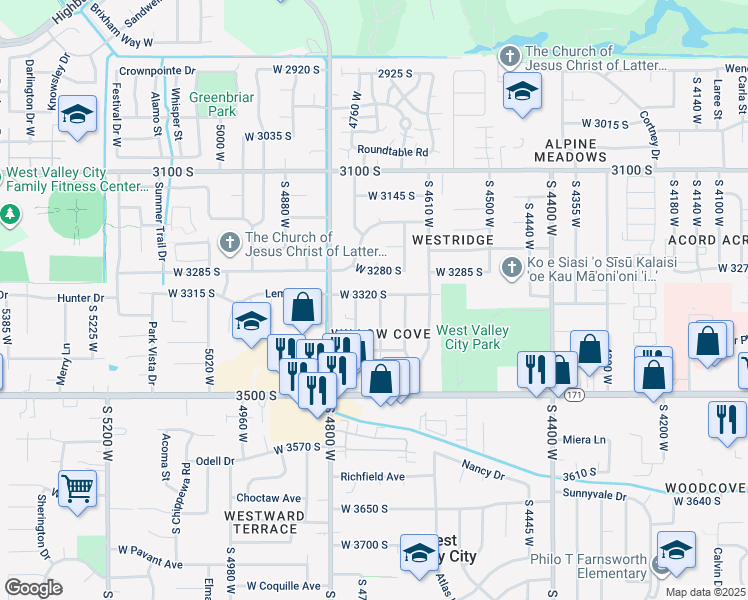 map of restaurants, bars, coffee shops, grocery stores, and more near 3330 South Squirewood Drive in West Valley City