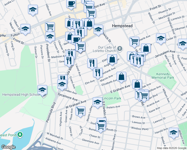 map of restaurants, bars, coffee shops, grocery stores, and more near 196 South Franklin Street in Hempstead
