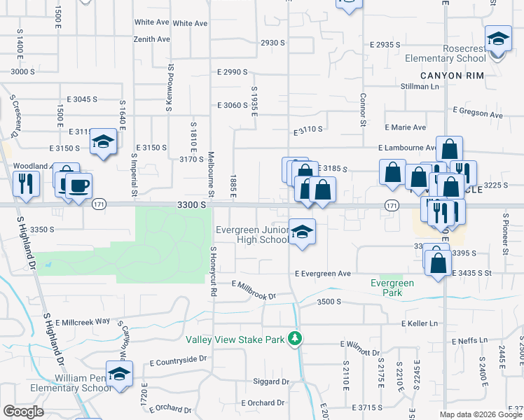 map of restaurants, bars, coffee shops, grocery stores, and more near 1960 East 3300 South in Salt Lake City