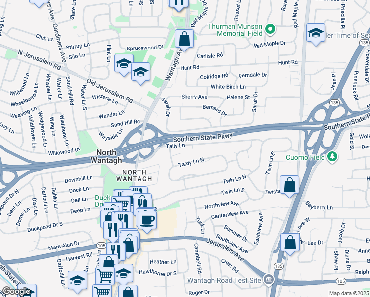 map of restaurants, bars, coffee shops, grocery stores, and more near 185 Willis Court in Wantagh