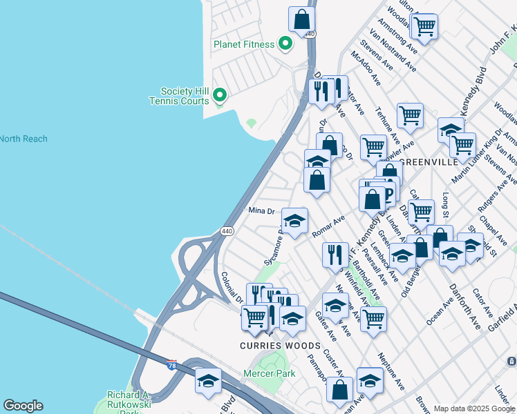 map of restaurants, bars, coffee shops, grocery stores, and more near 26 Mina Drive in Jersey City