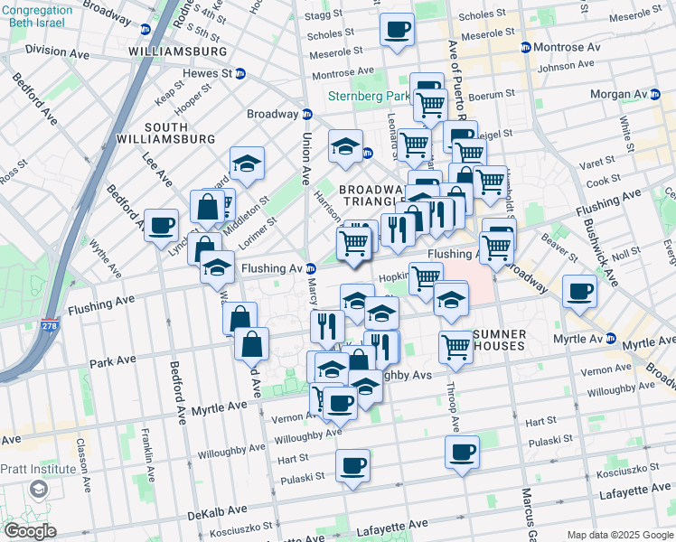 map of restaurants, bars, coffee shops, grocery stores, and more near 475 Marcy Avenue in Brooklyn