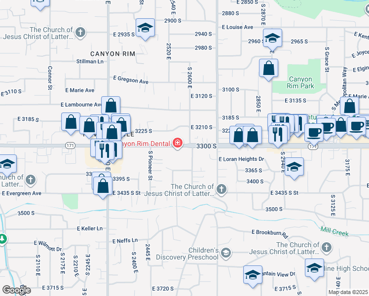 map of restaurants, bars, coffee shops, grocery stores, and more near 3310 South Oakwood Street in Salt Lake City