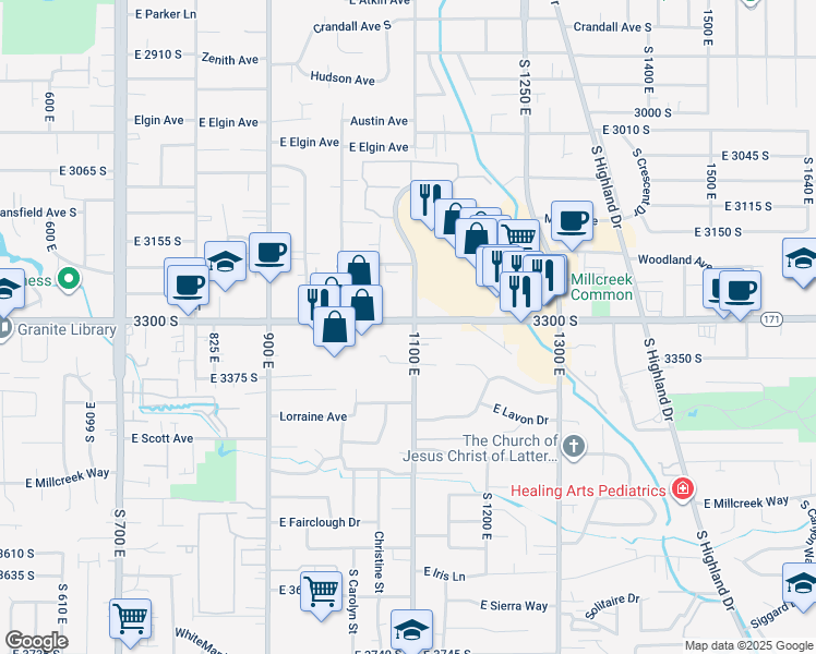 map of restaurants, bars, coffee shops, grocery stores, and more near 1108 East 3300 South in Salt Lake City