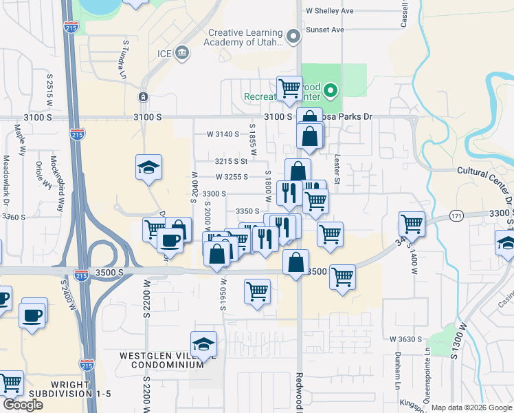 map of restaurants, bars, coffee shops, grocery stores, and more near 1864 West 3350 South in West Valley City