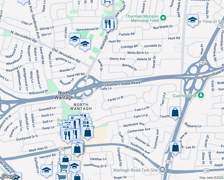 map of restaurants, bars, coffee shops, grocery stores, and more near 185 Willis Court in Wantagh