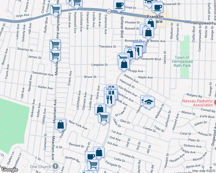 map of restaurants, bars, coffee shops, grocery stores, and more near 1152 Laidlaw Avenue in Franklin Square
