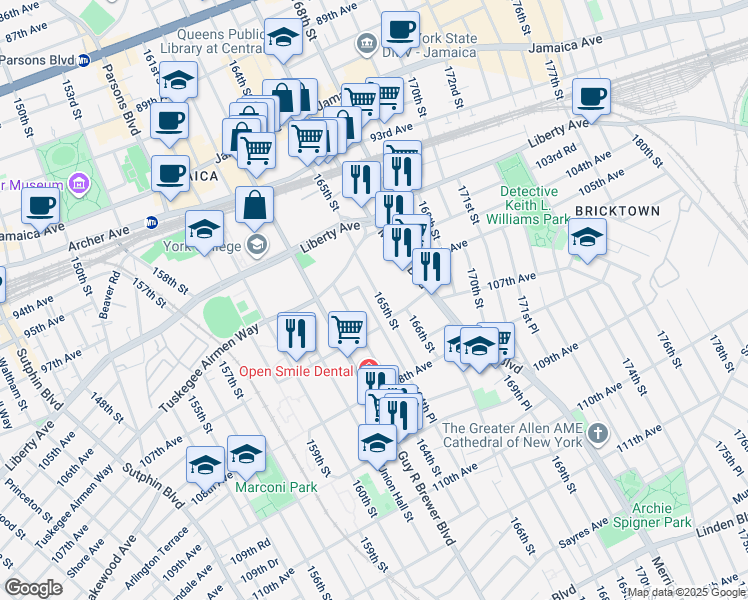 map of restaurants, bars, coffee shops, grocery stores, and more near 104-33 164th Place in Queens