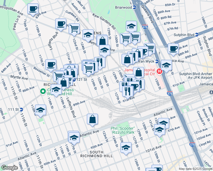 map of restaurants, bars, coffee shops, grocery stores, and more near 87-60 126th Street in Queens