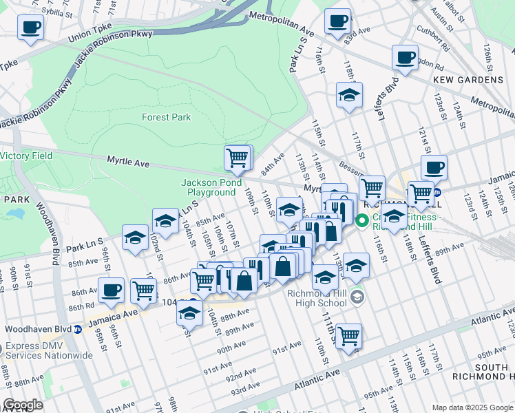 map of restaurants, bars, coffee shops, grocery stores, and more near 85-12 109th Street in Queens
