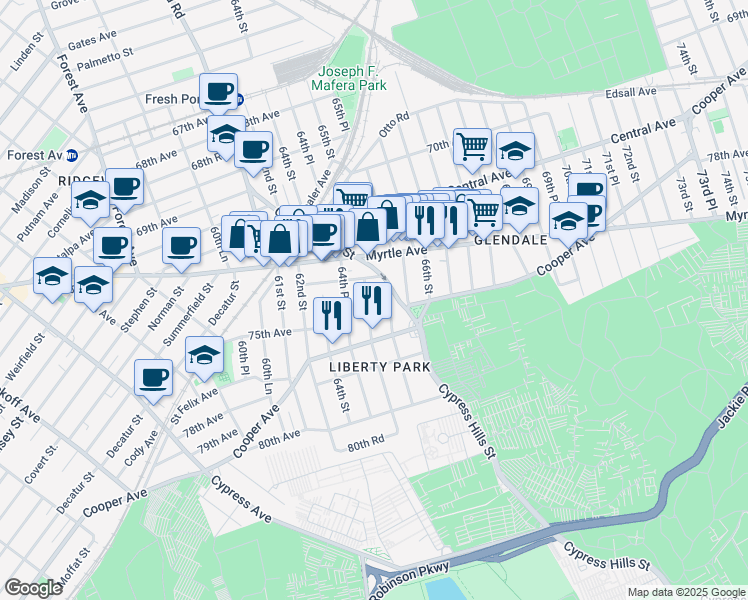 map of restaurants, bars, coffee shops, grocery stores, and more near 74-33 64th Lane in Queens