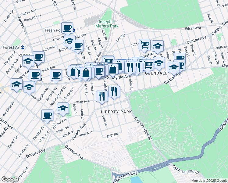 map of restaurants, bars, coffee shops, grocery stores, and more near 74-33 64th Lane in Queens