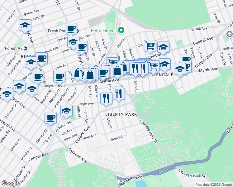 map of restaurants, bars, coffee shops, grocery stores, and more near 74-33 64th Lane in Queens