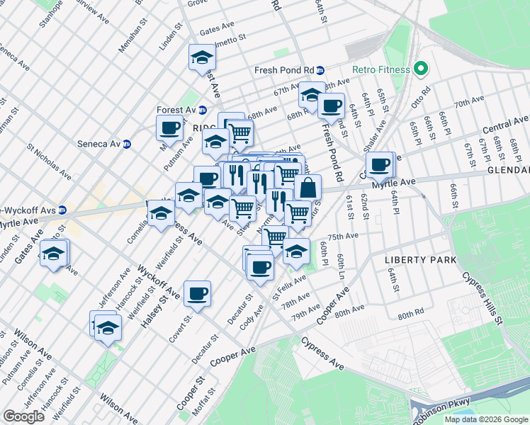 map of restaurants, bars, coffee shops, grocery stores, and more near 72-20 Forest Avenue in Queens