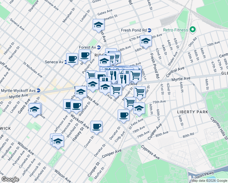 map of restaurants, bars, coffee shops, grocery stores, and more near 18-23 Stephen Street in Queens