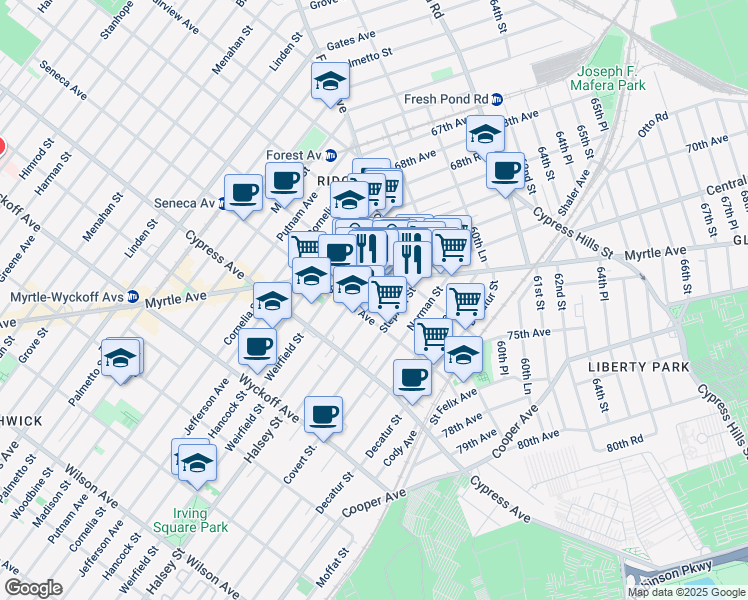 map of restaurants, bars, coffee shops, grocery stores, and more near 18-23 Stephen Street in Queens