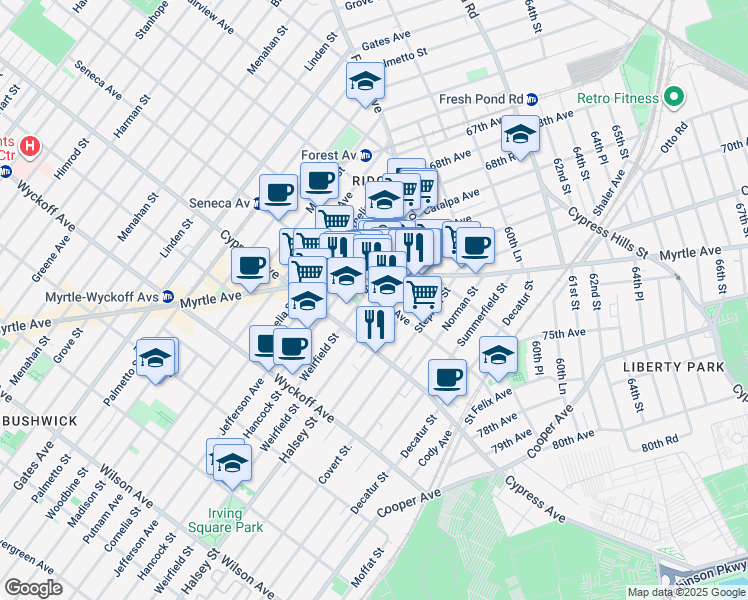 map of restaurants, bars, coffee shops, grocery stores, and more near 979 Seneca Avenue in Queens