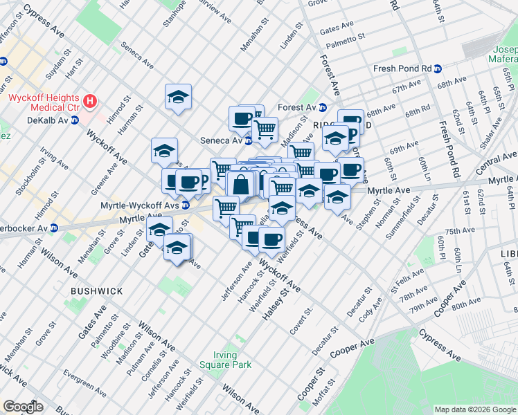 map of restaurants, bars, coffee shops, grocery stores, and more near in Queens