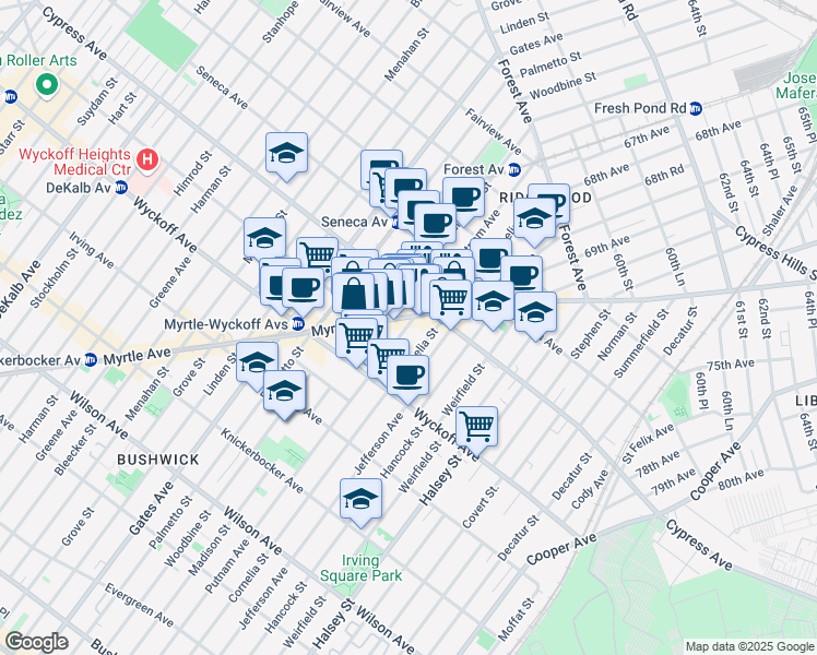 map of restaurants, bars, coffee shops, grocery stores, and more near in Queens