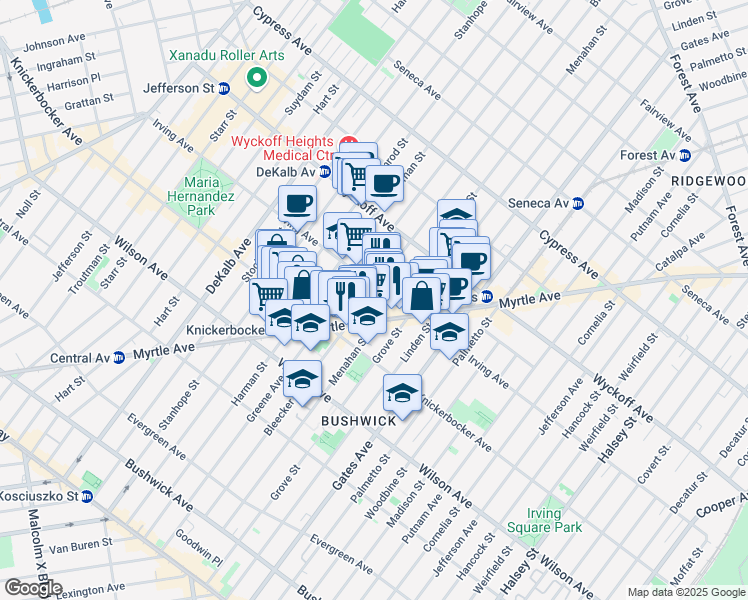 map of restaurants, bars, coffee shops, grocery stores, and more near 275 Bleecker Street in Brooklyn