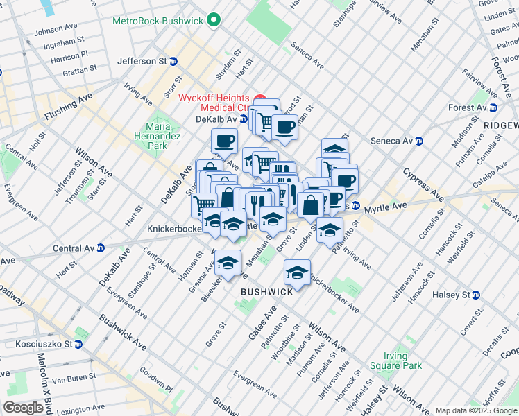 map of restaurants, bars, coffee shops, grocery stores, and more near 275 Bleecker Street in Brooklyn