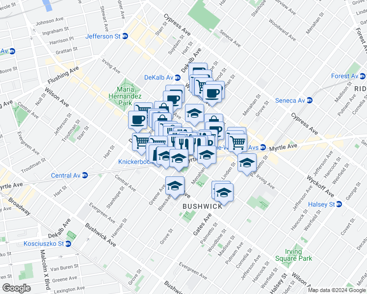 map of restaurants, bars, coffee shops, grocery stores, and more near 1333 Greene Avenue in Brooklyn