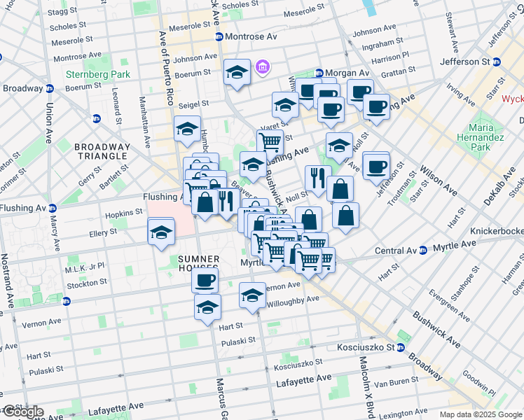 map of restaurants, bars, coffee shops, grocery stores, and more near 75 Beaver Street in Brooklyn