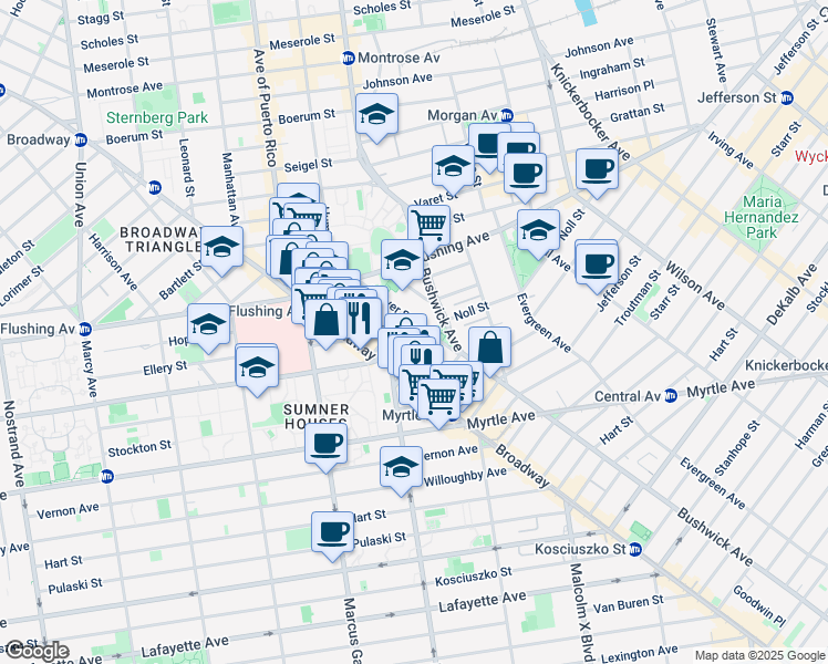 map of restaurants, bars, coffee shops, grocery stores, and more near 24 Park Street in Brooklyn
