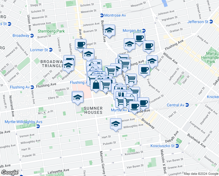 map of restaurants, bars, coffee shops, grocery stores, and more near 24 Park Street in Brooklyn